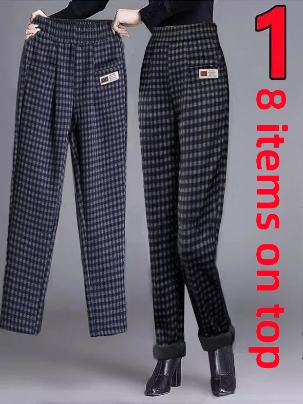 

Шерстяные женские брюки с высокой талией Thiened Fce, осень-зима, повседневные свободные прямые длинные брюки в клетку для пожилых мам