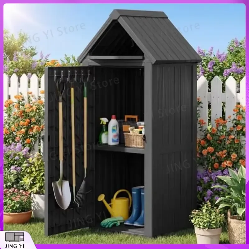 Outdoor Storage Shed Waterproof Resin Storage Cabinet with Removable Shelves and 12 Hooks Lockable Small Shed for