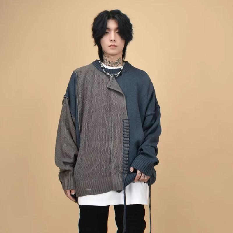 Patchwork Sweaters Men High Street Slouchy Prevalent American Style Panelled Suture Round Neck Spring Autumn Teens Pullovers