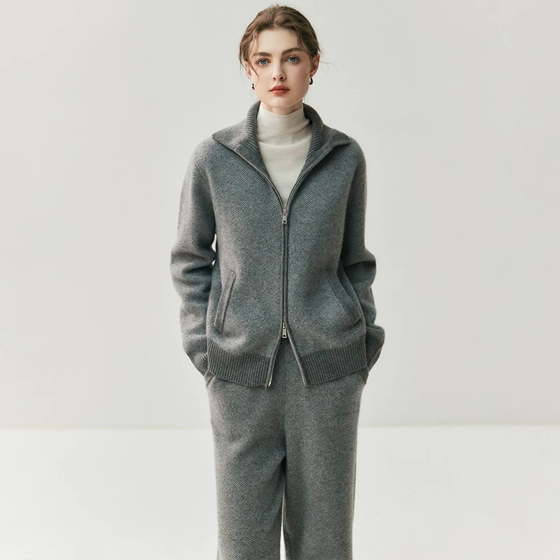 

Chic Women 100% Cashmere Knit Turn-down Collar Cardigan Wide Leg Pants Color Block Cashmere Knitwear Autumn Winter Thick