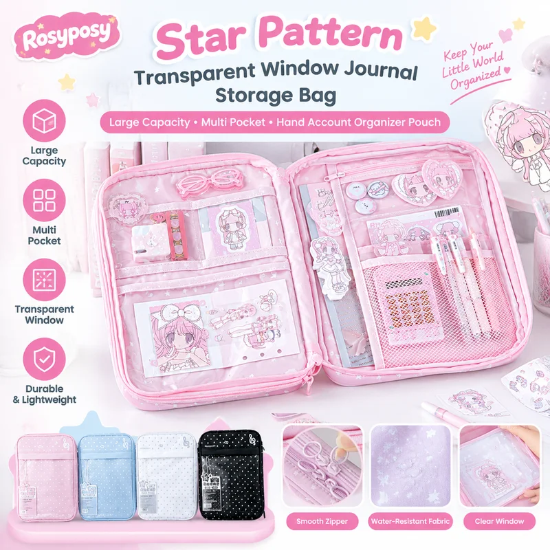 Rosyposy Star Pattern Transparent Window Journal Storage Bag Large Capacity Multi Pocket Hand Account Organizer Pouch For