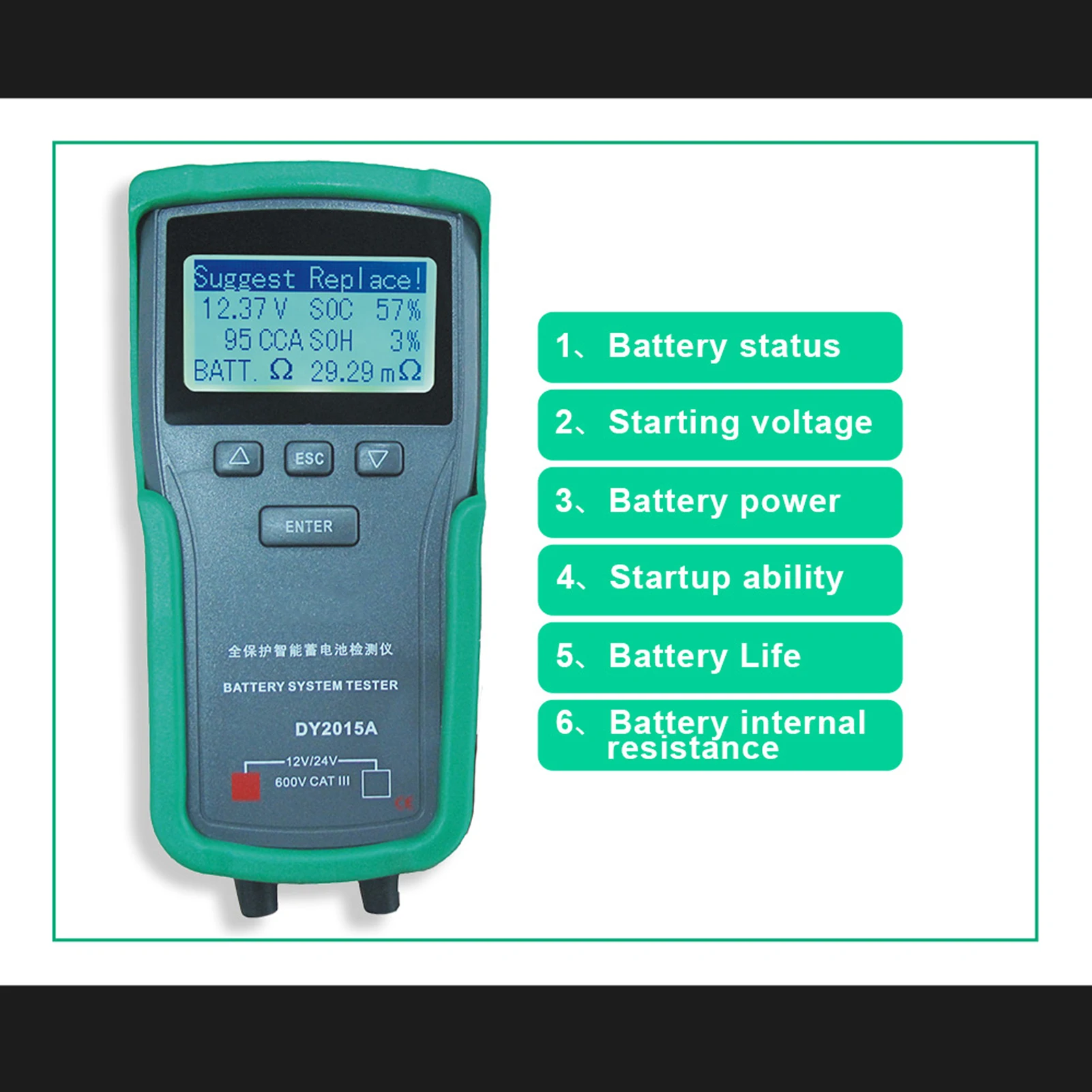 DY2015A For Battery Analyzer for Vehicles with Reverse Polarity Protection Overvoltage Protection 170x90x30mm ABS Black