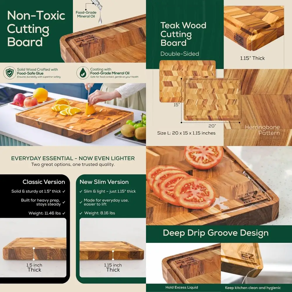 

Herringbone Teak Wood Cutting Board with Juice Groove, Pre-Oiled, Food-Grade, Christmas Gift, L20x15x1.5, 11.46lbs