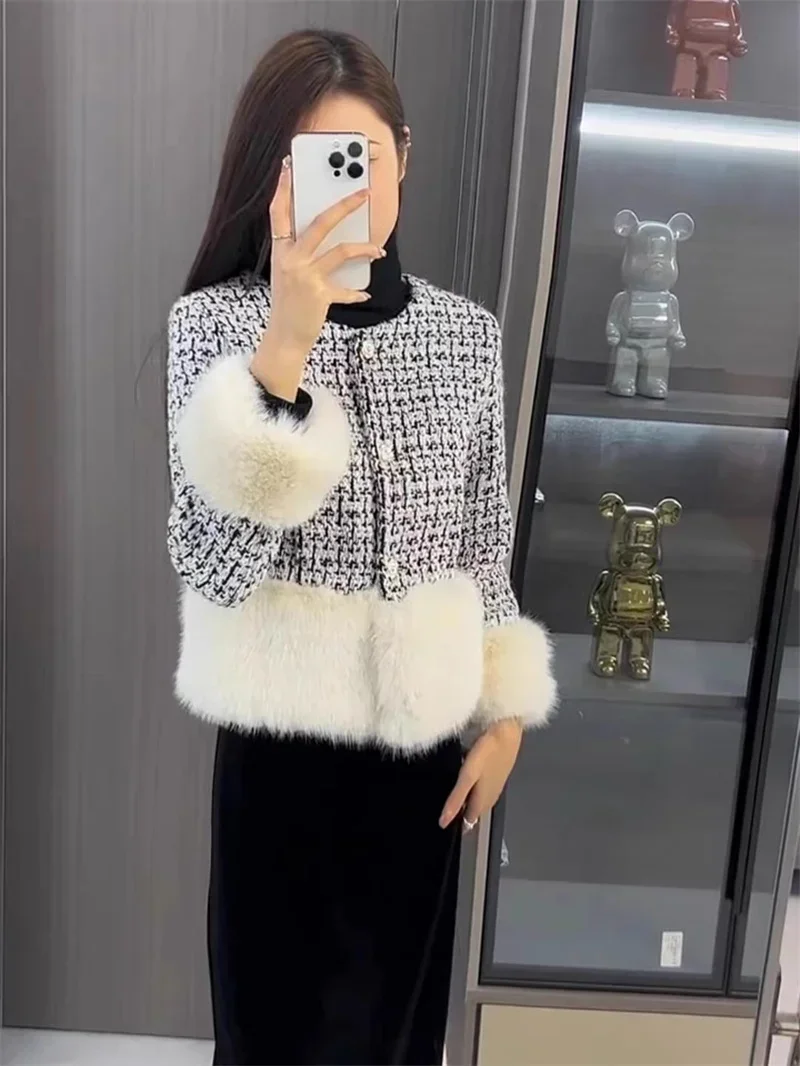 2024 New Arrival Luxury Fashion Fall Winter Womens Full Sleeve Cashmere Braid Tweed Fur Pearls Button Casual Thick Warm Jackets