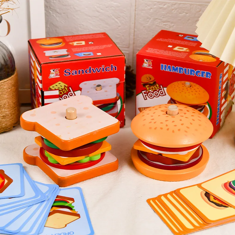 Burger Sandwich Montessori Toys Wooden Stacking for Kids Kitchen Food Preschool Learning Educational Toys Fine Motor Skills Gift