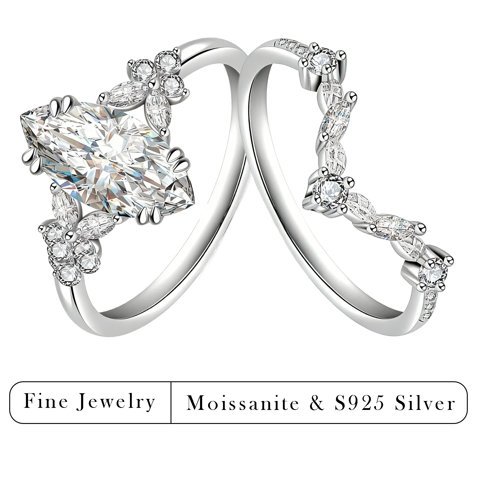 

2pcs 1.35 CTW S925 Silver Marquise Moissanite Bridal Ring Set Curved Stackable Band Elegant Engagement Jewelry for Her