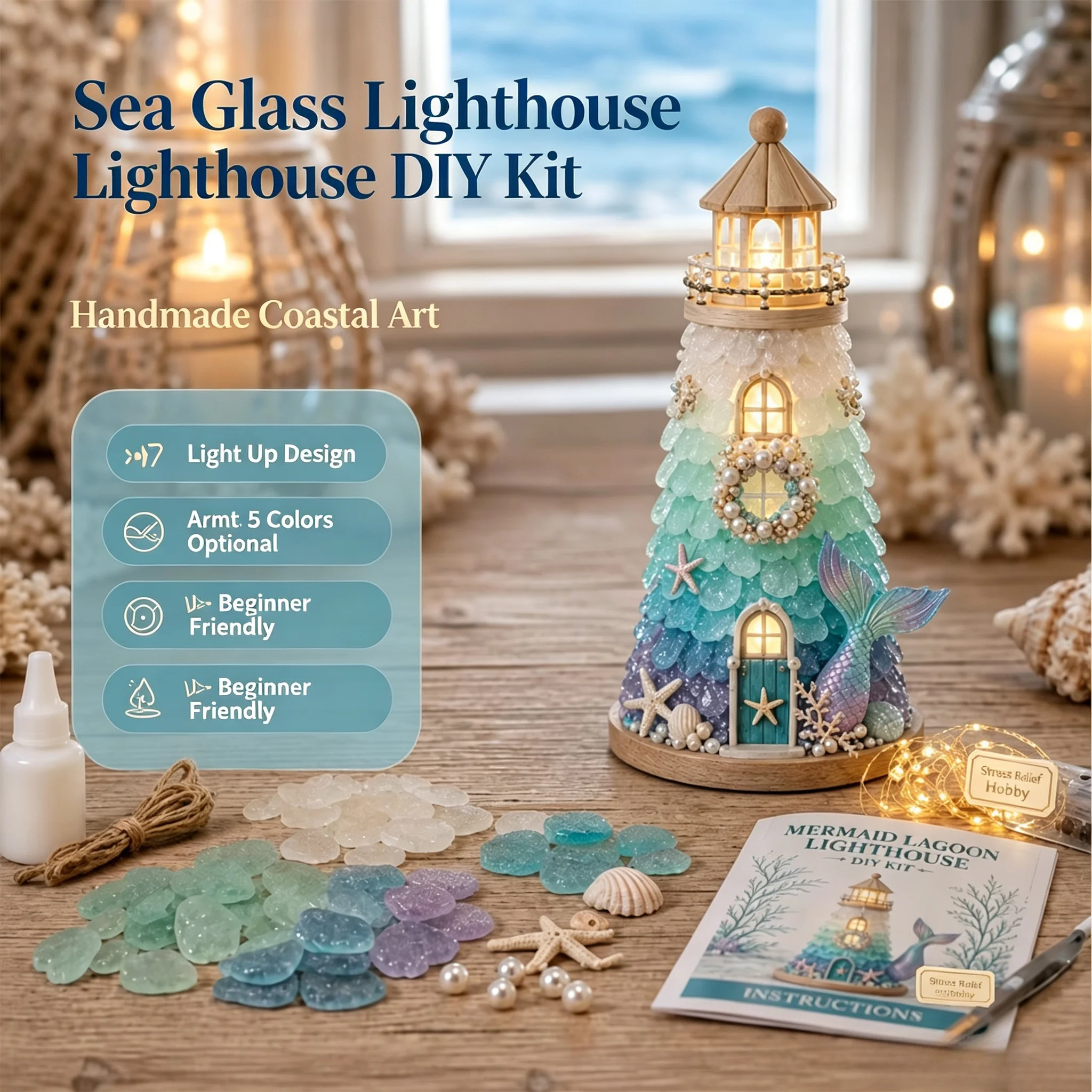 3D Sea Glass Lighthouse DIY Kit Beginner Friendly Handmade Craft Stress Relief Art Gift Coastal Lighthouse Home Decoration Kit