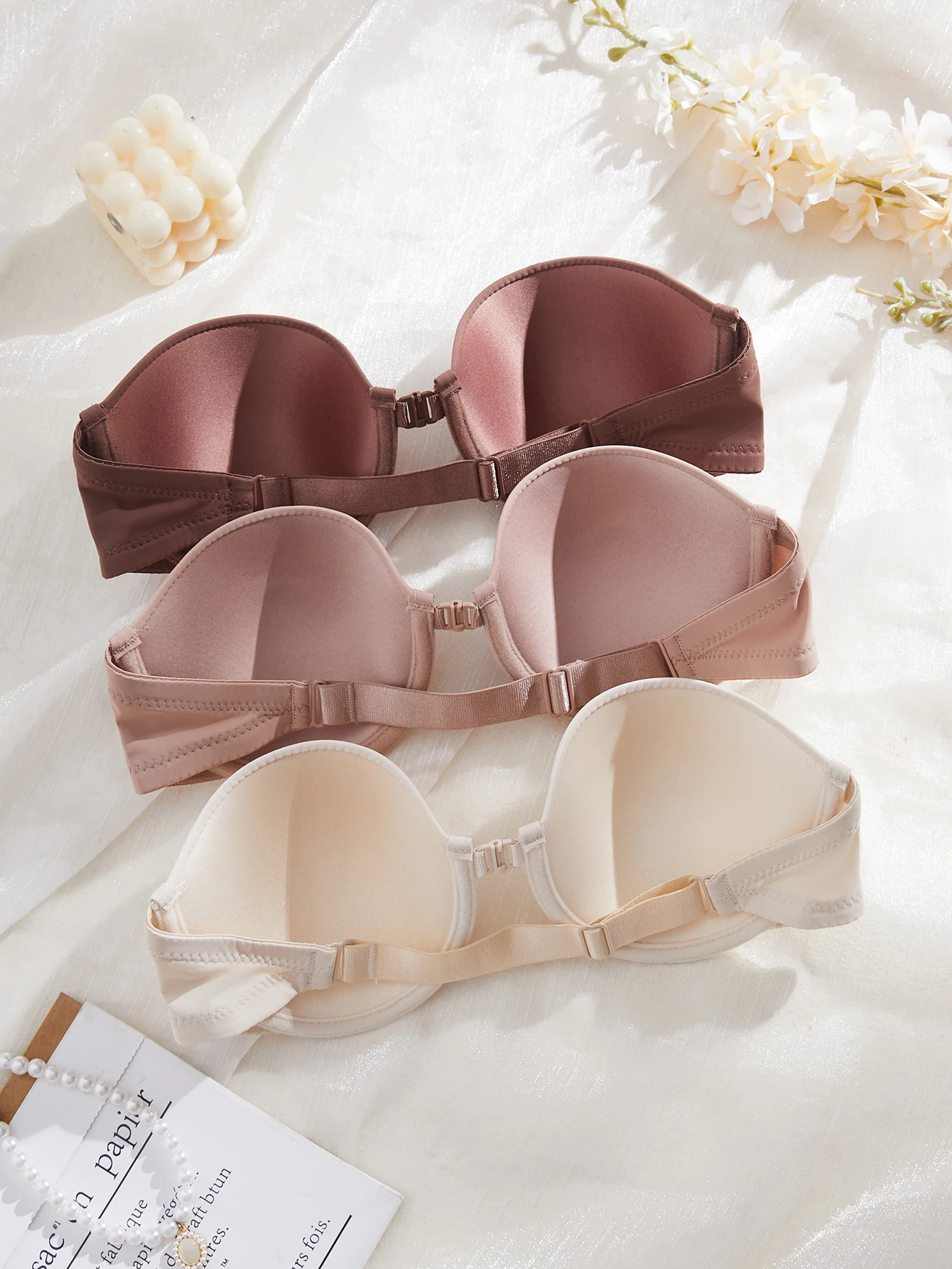 3PCS Women Strapless Front Closure Underwire Push Up Bra Solid Basic Non Slip Bandeau Comfort Daily Lingerie view 3