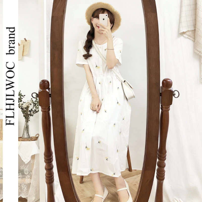 Loose Summer Cute Sweet Japanese Style Girls Flower Embroidery Retro Vintage Single Breasted Button Cotton Blends Shirt Dress