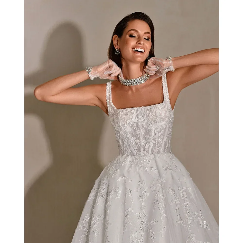 Chic Square Collar Lace Appliques Wedding Dresses White Backless Sequined A-Line Gowns Side Slit Sweep Train Bride Dresses