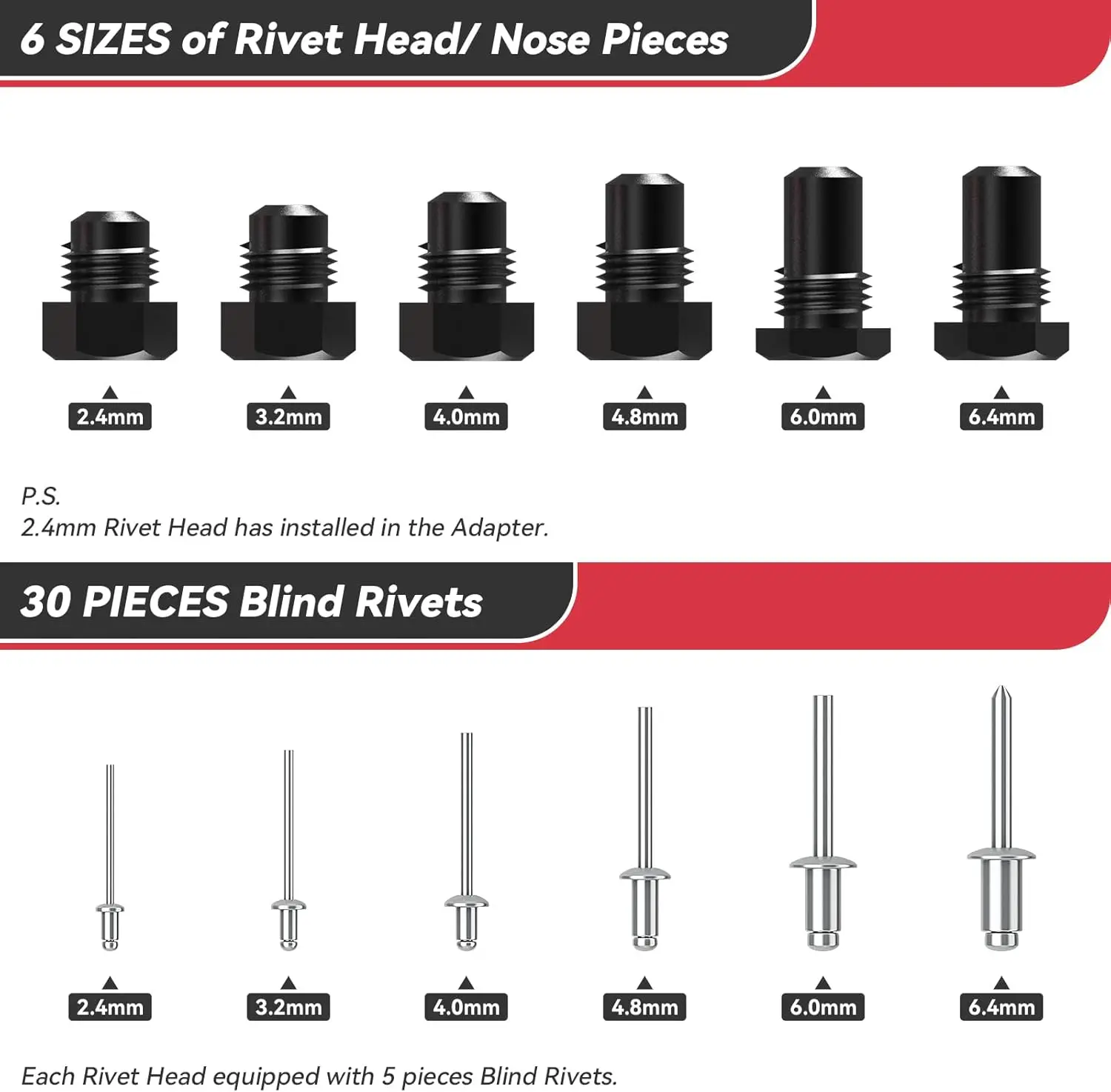 Adattatore per pistola per rivetti a batteria - Kit adattatore per trapano per rivetti elettrico 2,4 mm-6,4 mm, kit pistola per rivetti con 6 teste per rivetti intercambiabili e
