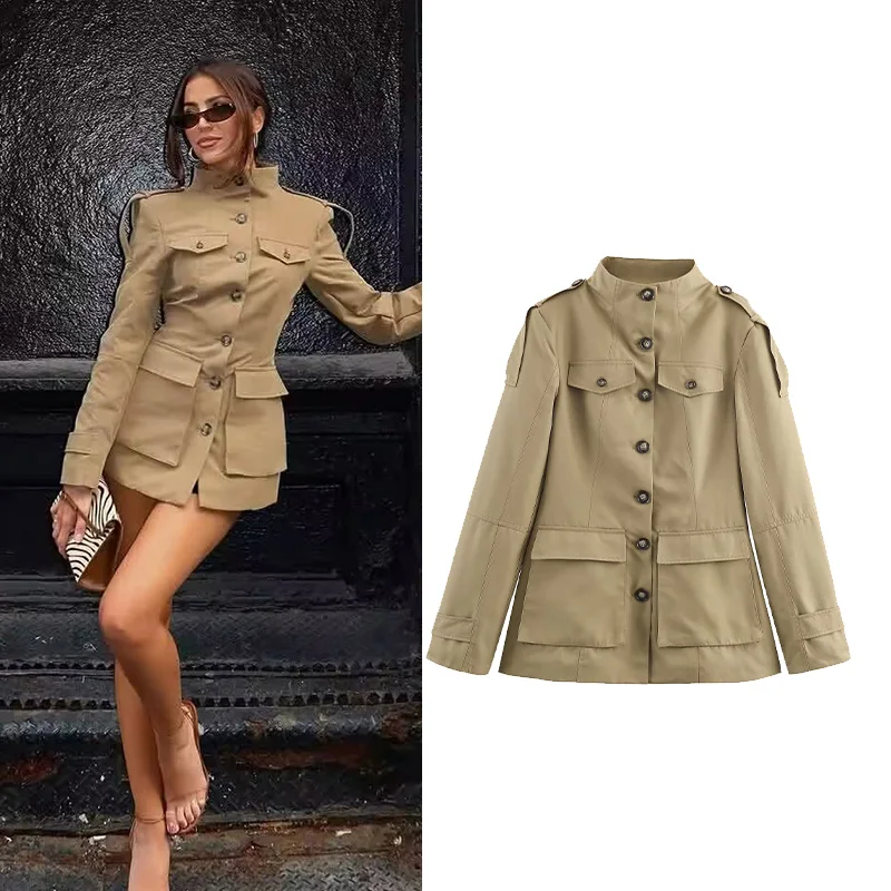 

Женская повседневная куртка с высоким воротником на одной пуговице и плечевым ремнем, манжетом, карманом, дизайном, осеннее модное женское пальто, женские топы