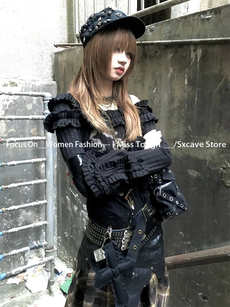 Design Vintage Harajuku Black Tops Women Long Sleeve Subcultural Punk Knit Sweater Gothic American Pullover Female Elegant Y2k