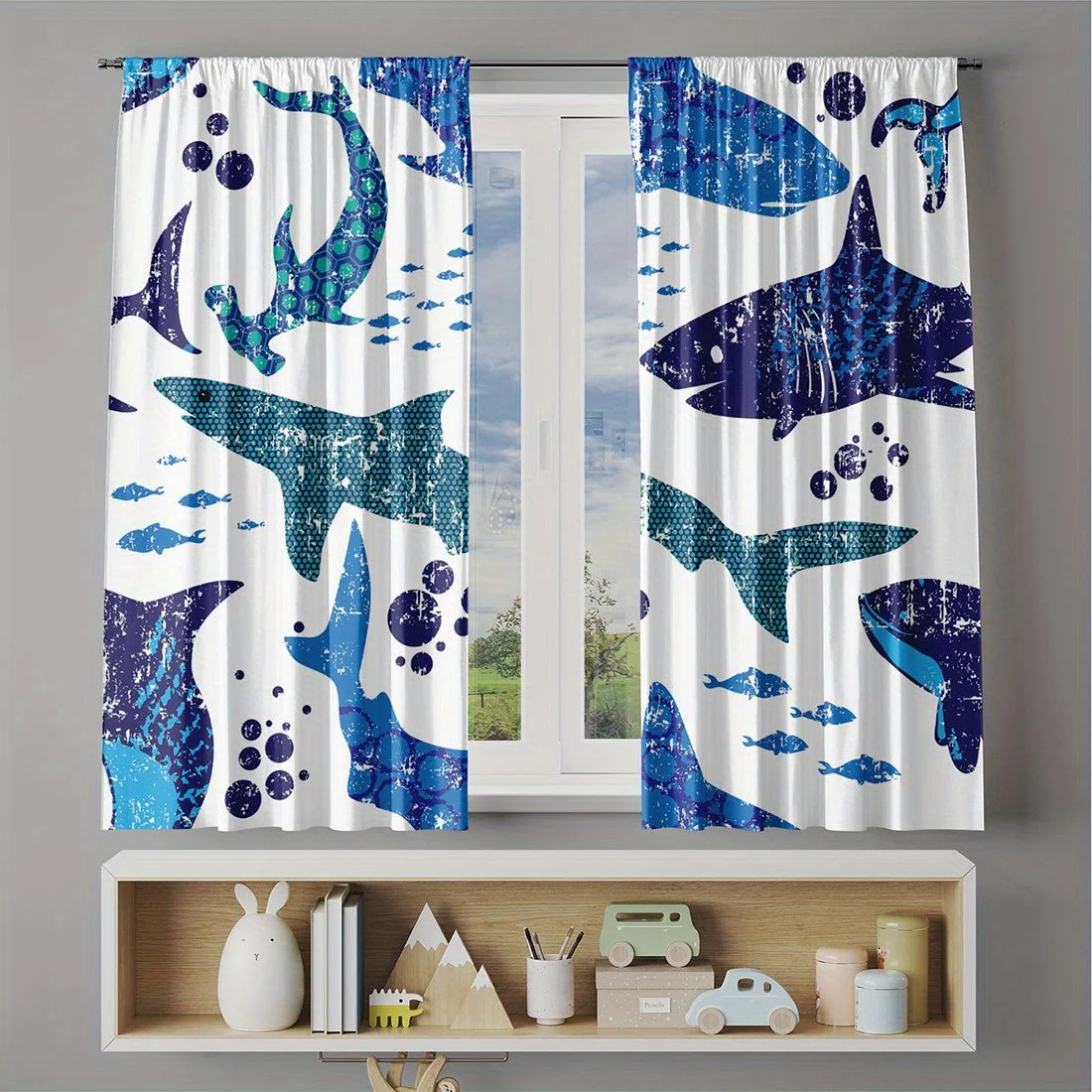 Ocean Shark Blue Curtains Nautical Abstract Sea Life Window Drapes Home Decoration Marine Tropical Room Curtain