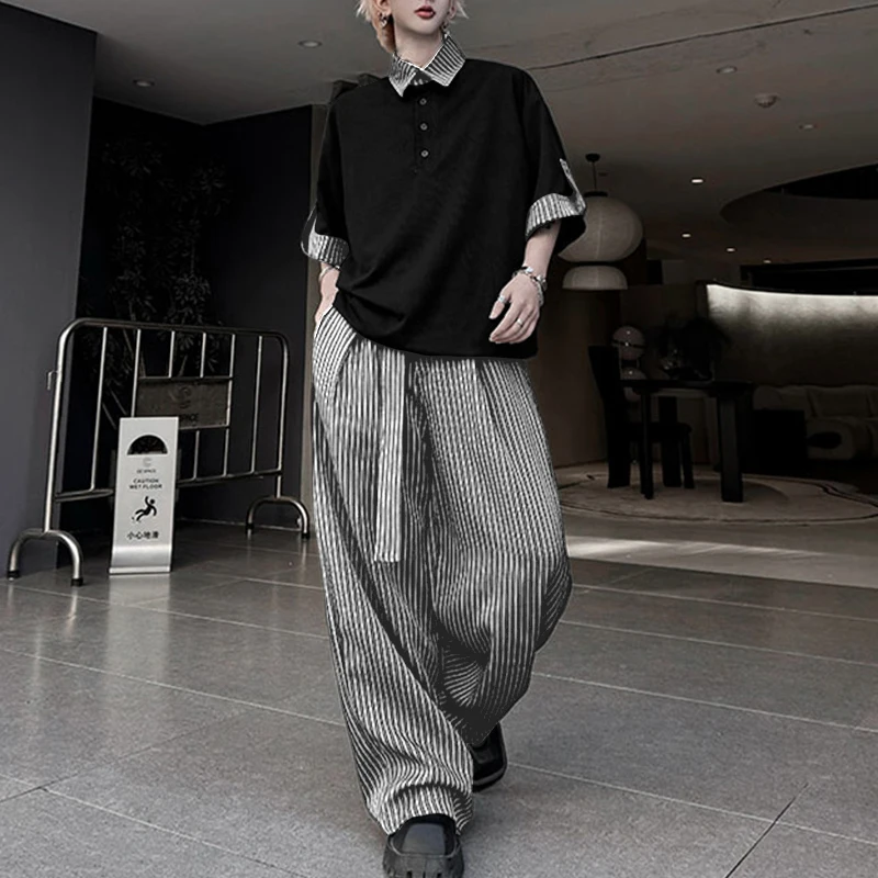 ชุดเซ็ตผู้ชาย INCERUN เสื้อเชิ้ตแขนสั้นลายทางต่อผ้าปกตั้ง & กางเกงขายาวผูกเชือก ชุดสองชิ้น สไตล์สตรีทแวร์ ทรงหลวม สบายๆ ชุดสูทผู้ชาย