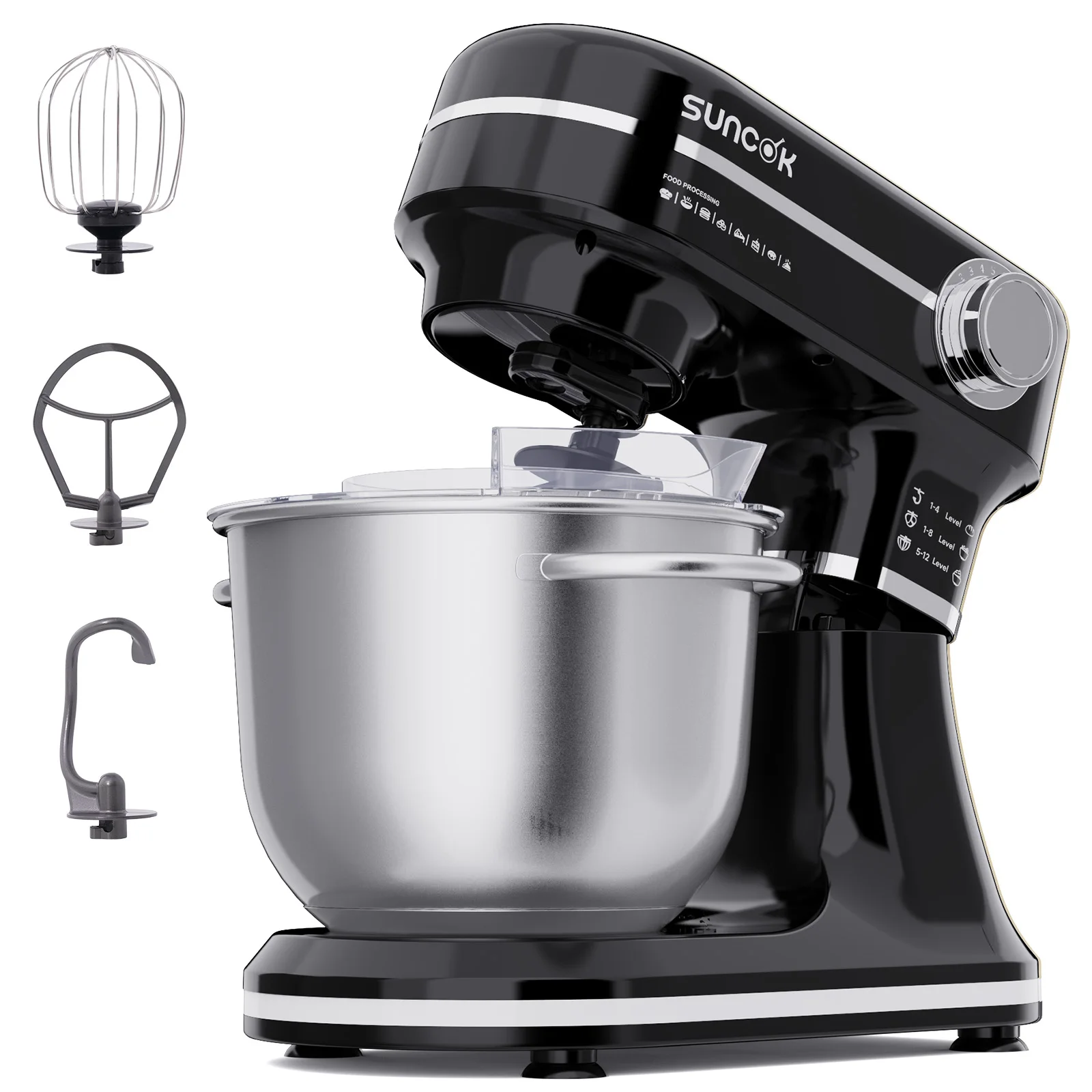SUNCOK keukenmachine 1500W, keukenapparaat met 2 roestvrijstalen mengkommen van 4,5 & 5,5L, 12 snelheden, geluidsarm, keukenmixer, deegmachine met menghaak, deeghaak, klopper en spatbescherming