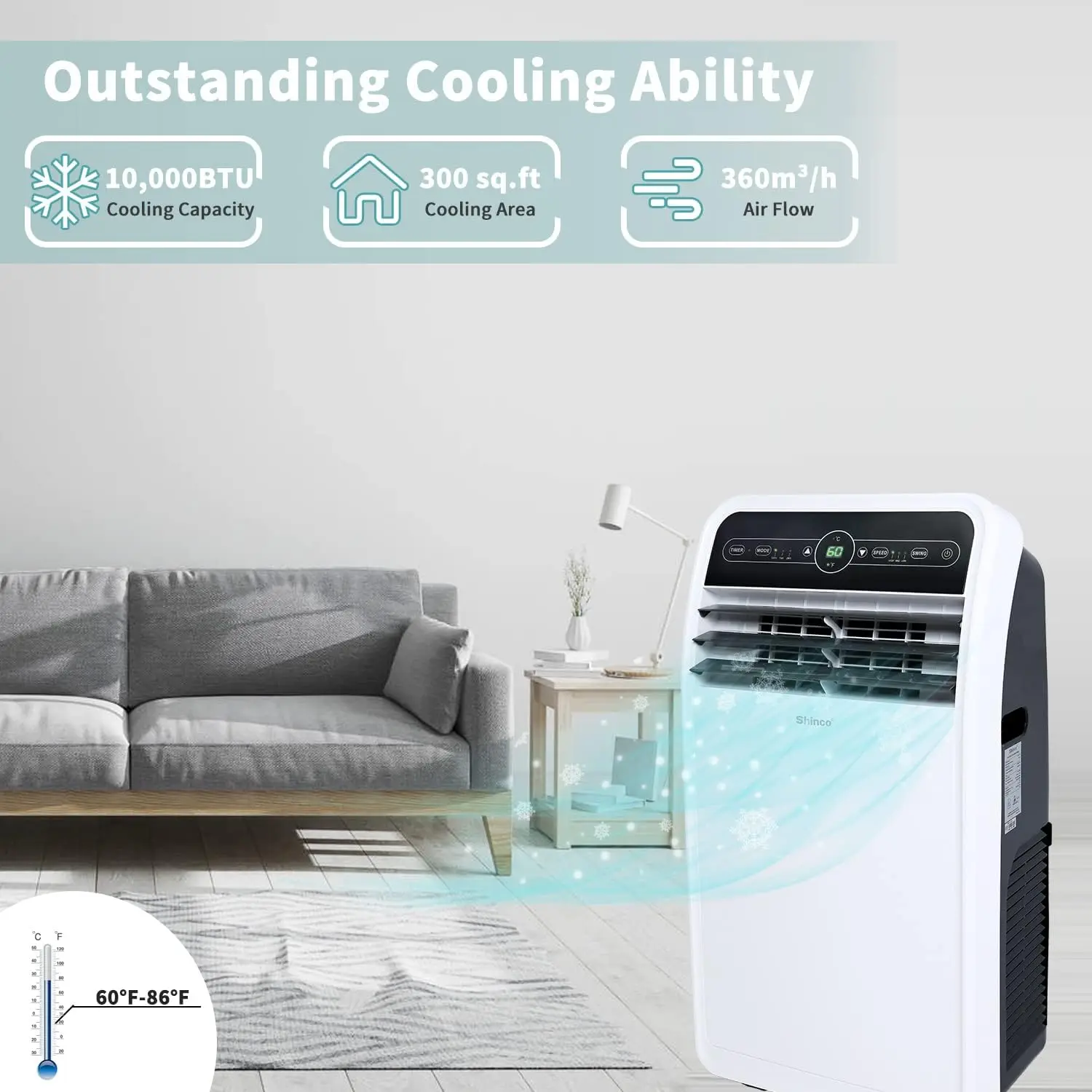 10,000 BTU Portable Air Conditioner, Portable AC Unit with Built-in Cool, Dehumidifier & Fan Modes for Room up to 300 sq.ft, RC