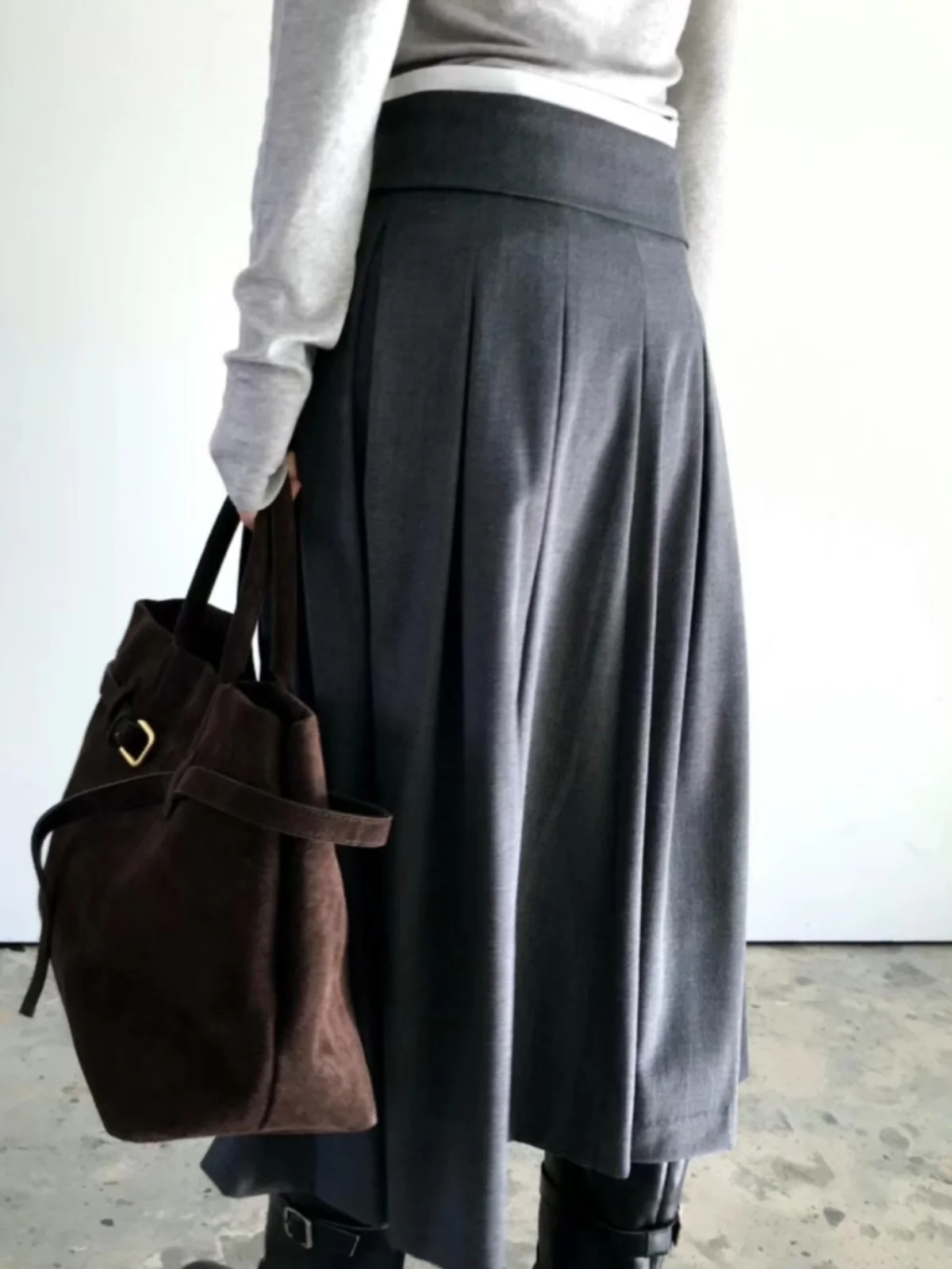 Korean Sle High Waist A-Line Skirt Women's Faionable Geometric Waist Seal Sa Pleated Design f-length Skirts