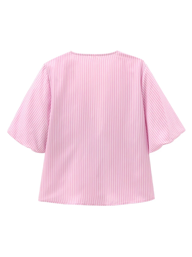 TRAF Sweet Pink Striped Printed Short Top For Women Fashion Bow Lace Up Decoration V-neck Top Daily Leisure Shirt Top 2024 New