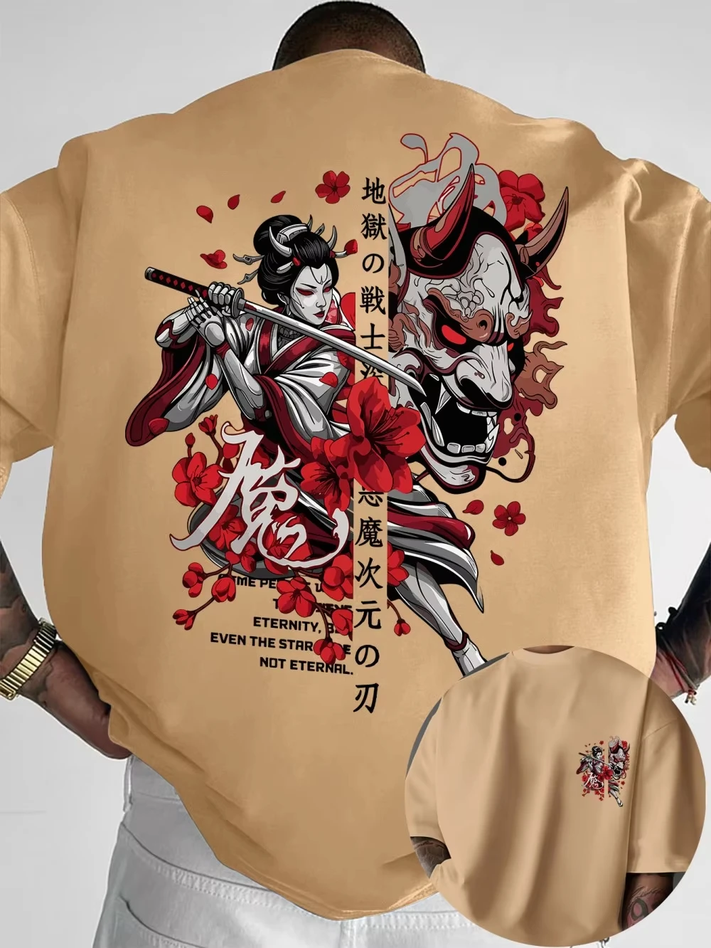 American Men's Summer New Ghost Mask Letter Print Micro Elastic Breathable Round Neck THSirt Outdoor Street Style Top