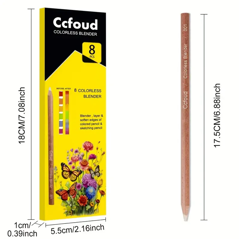 8-Piece Colorless Blending Pencil Set - Non-Toxic, Pre-Sharpened Wood Sticks for Smooth Edges & Softening Colors