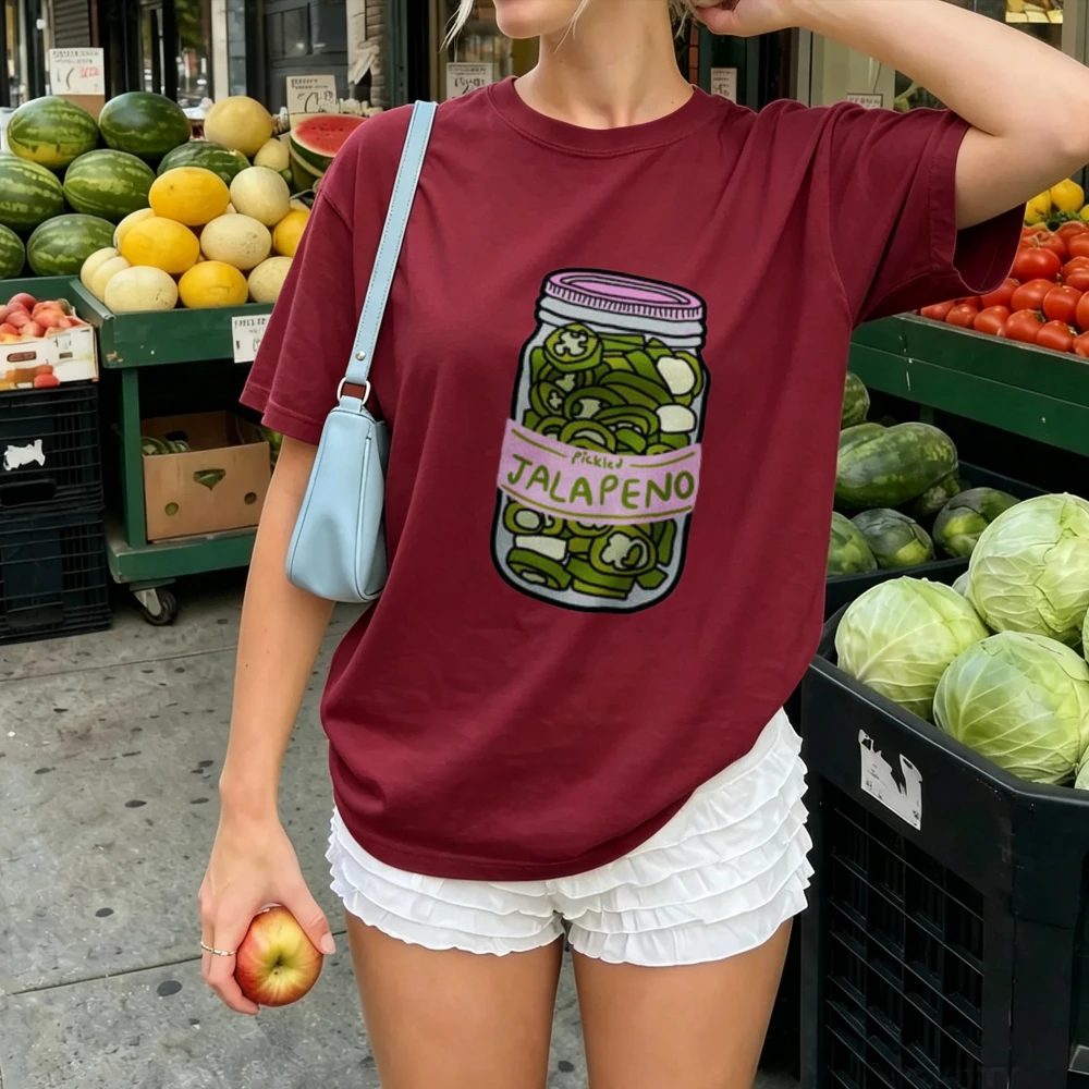 Cartoon Glass Jar Pickled Jalapeno Chili Pepper Hand Drawn Print Women Cotton Tee Spicy Food Cottagecore Homemade Preserve Tops