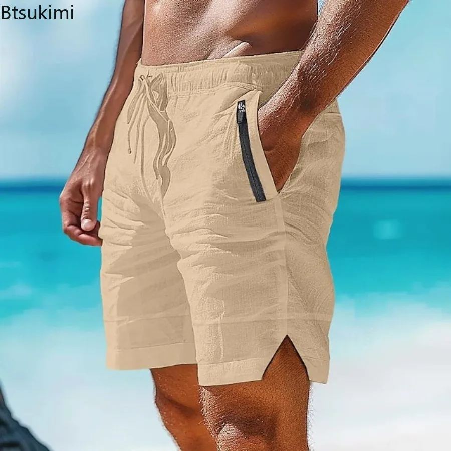 2025 Summer Men's Casual Shorts Breathable Cotton Beach Pants Fashion Elastic Waist Drawstring Sweatpant Men Baggy Pocket Shorts