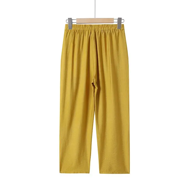 Primavera e autunno donna elastico a vita alta solido tasca arricciatura pieghe gamba larga Crop pantaloni Casual moda elegante pantaloni larghi