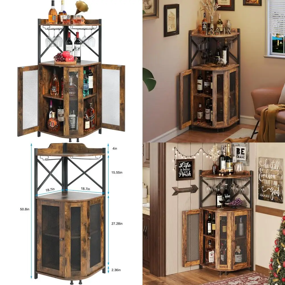 Wineero de estilo industrial con puerta de malla, gabinete de almacenamiento con estante abierto de 4 niveles
