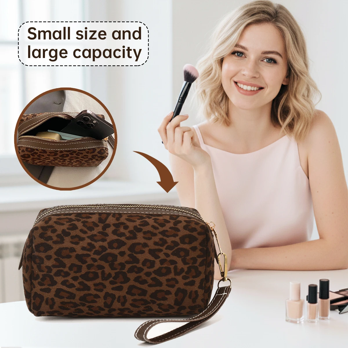 Portable Makeup Bag for Women 2026 New High-End Cosmetics Storage Bag Large Capacity Travel Luxury Leopard Print Handbag Wristlet Gift for Classmates or Girlfriend