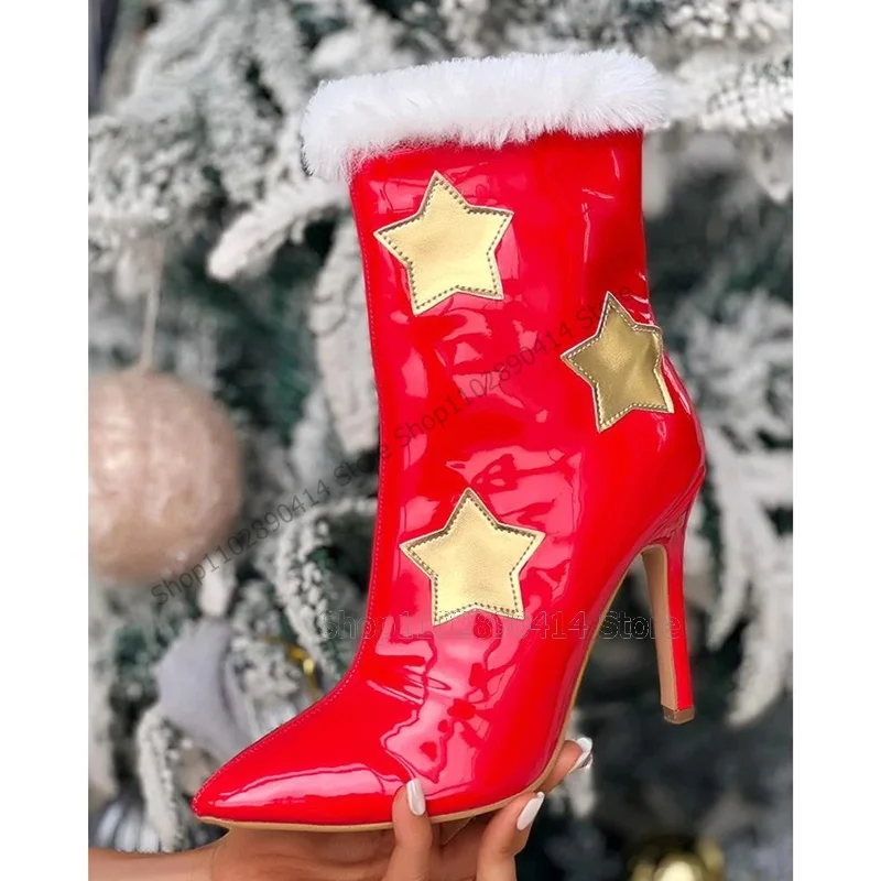 

White Fur Gold Star Pattern Red Pointed Toe Boots Side Zipper Women Shoes Thin High Heels New Christmas 2023 Zapatos Para Mujere