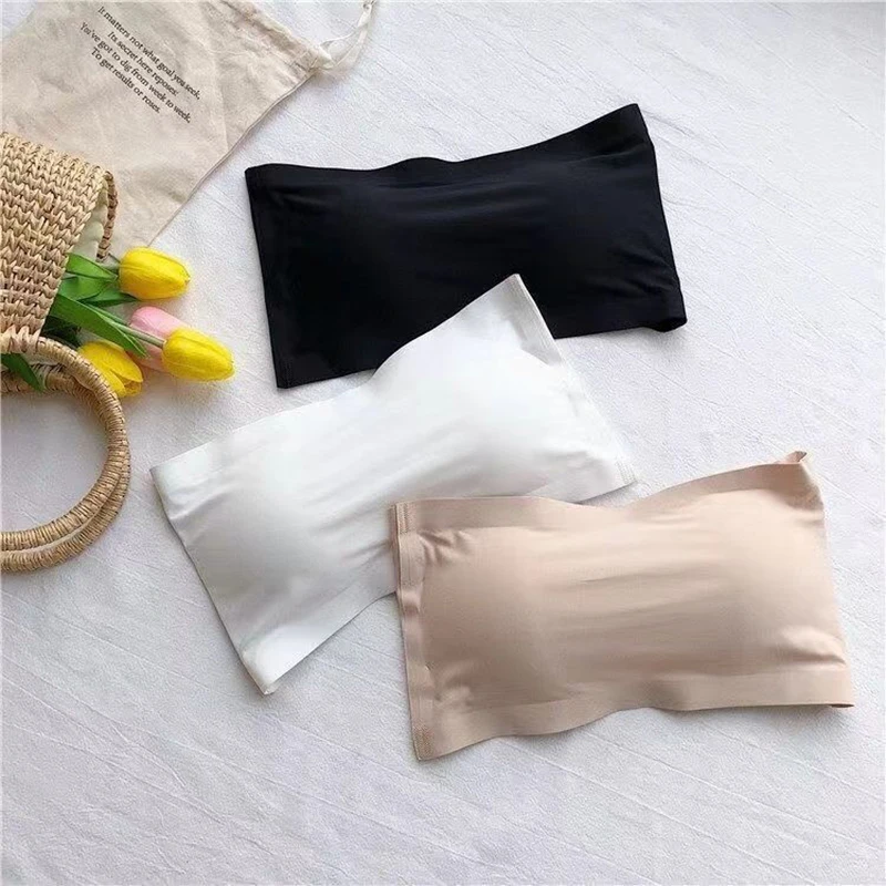 2024 Summer Thin Women\'s Ice Silk Seamless Line Wrap Bra Vest Style Sexy Back Strapless One Piece Push-up Breasted Underwear