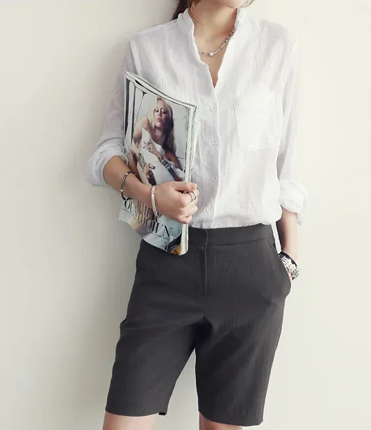 2024 Summer New Sunscreen Clothing Japanese Style Fresh Loose Fit Cotton Linen Long Sleeve Stand Collar Shirt Women's Linen Shir