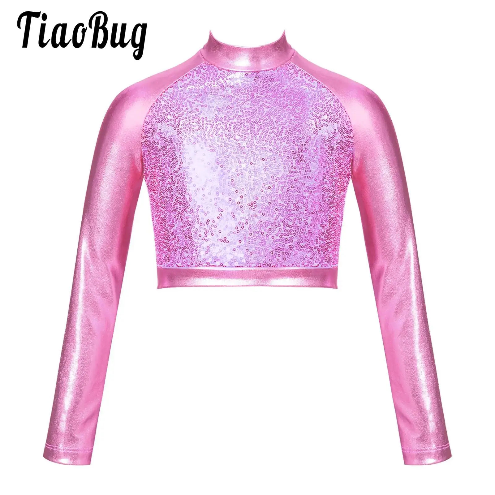 Jazz Hip-hop Dance Tops for Kids Girls Shiny Metallic Crop Top Mock Neck Long Sleeve Front Sequin Fully Lined Athletic T-Shirts