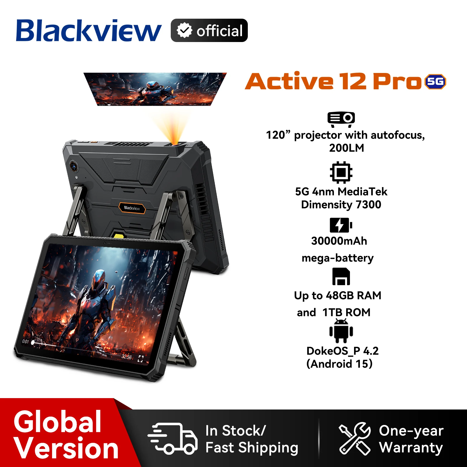 Weltpremiere Blackview Active 12 Pro Robustes Projektor-Tablet 11'' Pad Android 15 16GB 1TB 30000 mAh Abmessung 7300 Tablet-Telefon