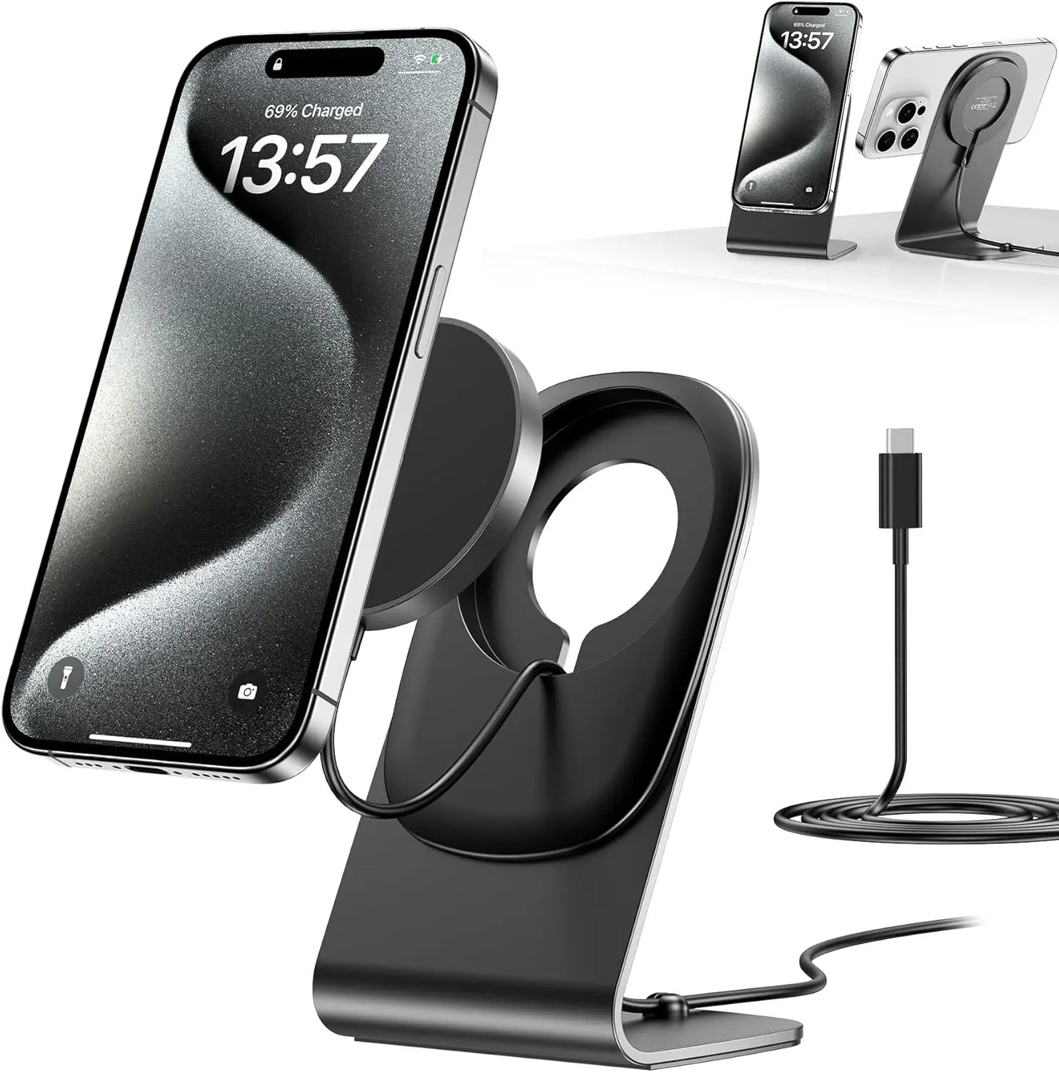 

Magnetic Wireless Charger Aluminum MagSafe Charging Pad Desktop Stand Holder Dock for iPhone 16/15/14/13/12 with 20W PD Charger