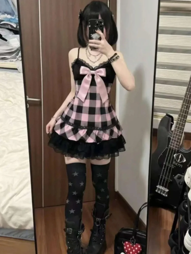 

2026 Summer Japanese Sweet Mini Dress Women Plaid Strapless Sexy Design Elegant Dress Female Lace Chic Korean Popular Clothes