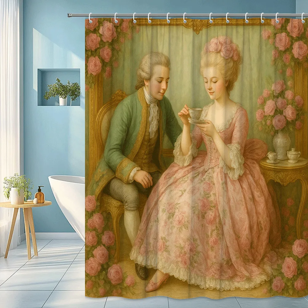 Luxury Vintage Old Master Painting Style Floral Portrait Shower Curtain Bathroom Wall Decor Art Print Roses Romantic Home Design