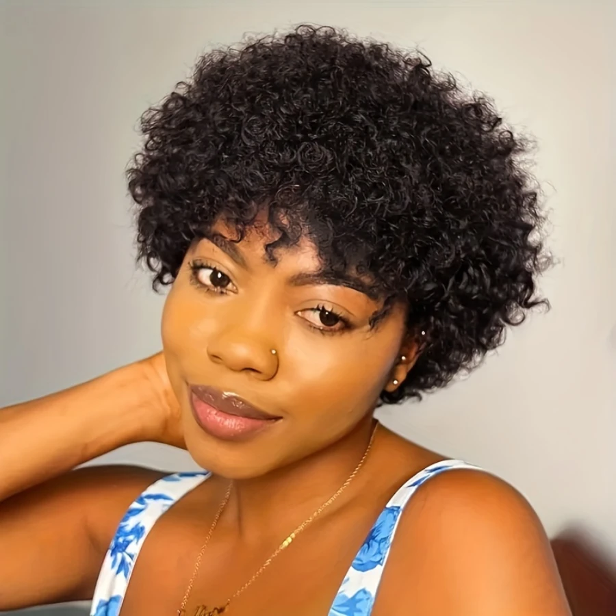 アフロ縮れ毛ウェーブウィッグ　密度150%　6インチピクシーカット　アフロ縮れ毛人毛ウィッグ　女性用　総マシンメイドウィッグ