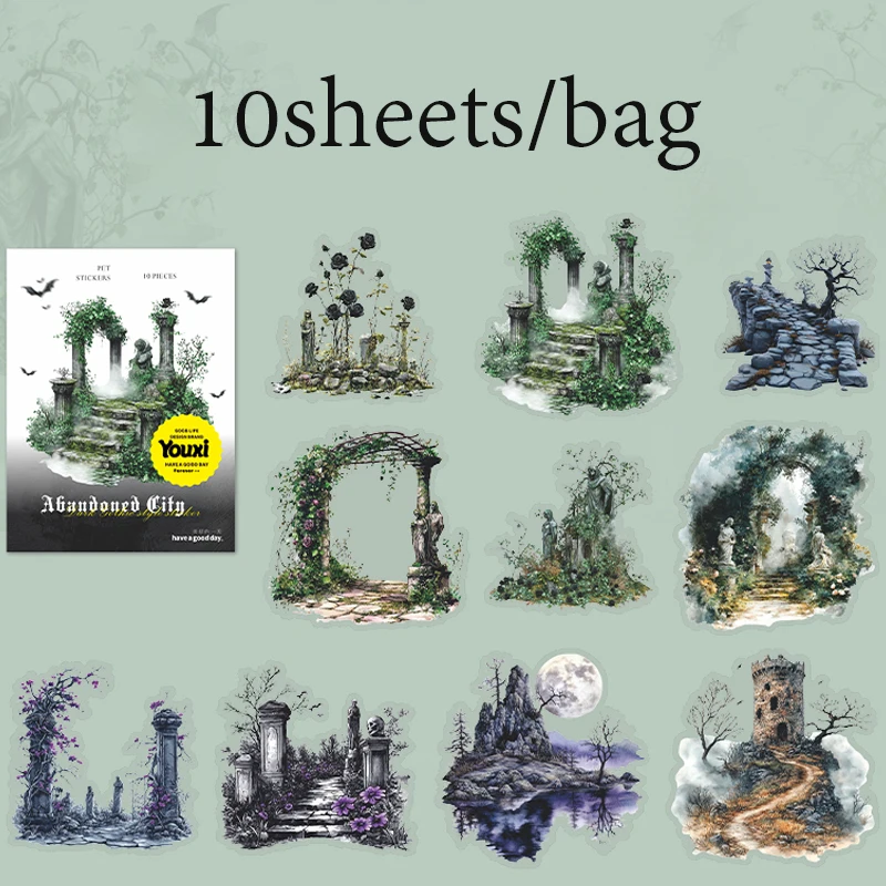 10 Blatt/Beutel Gothic Abandoned City Scenery Aufkleber für Scrapbooking Planer Notebook DIY Handyhülle Dekoration Büro Geschenk – Detail 16