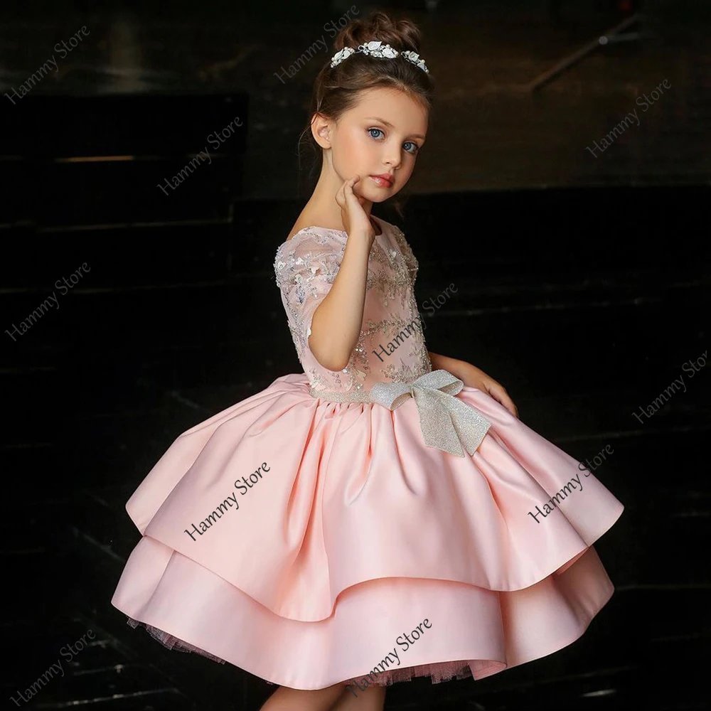 Tutu rosa Toddler Girl Party Dresses Pageant Gown Scoop Neck mezza manica Glitter perline paillettes abito da ragazza di fiori in raso a strati