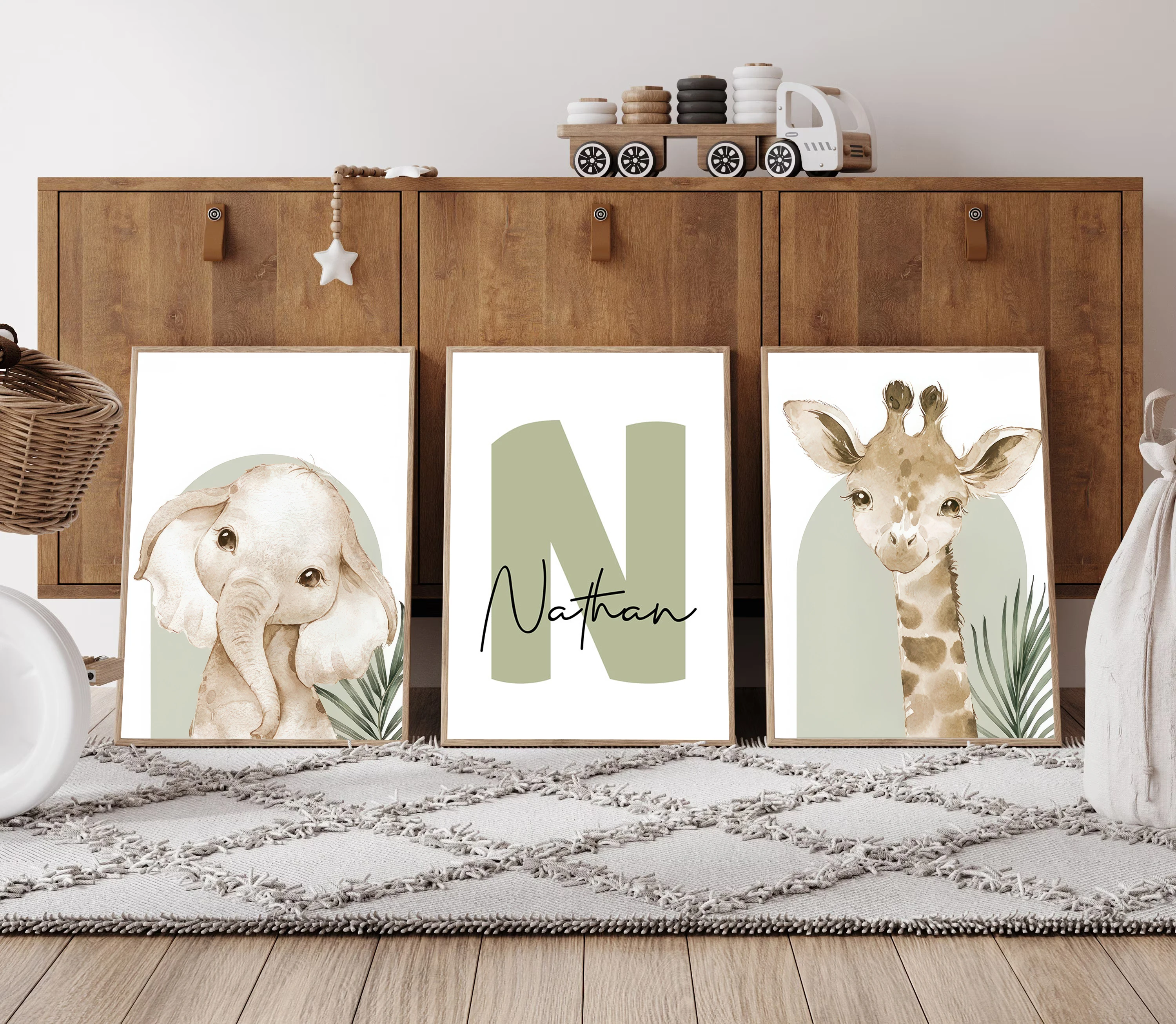 3pcs/set Poster Kanvas Safari dengan Nama Kustom, Gambar Hewan Gajah Jerapah, Hadiah Ulang Tahun untuk Dekorasi Rumah