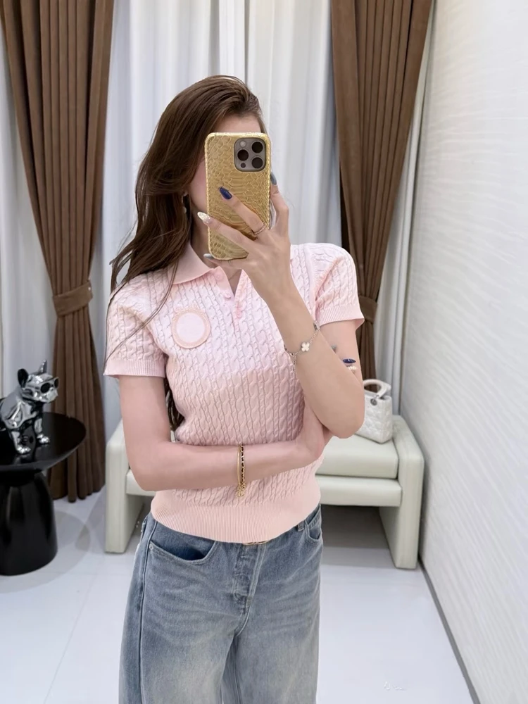 Tian Jiao Baby Pink Blue  26S White Moonlight Letter Embroidery Patch Knitted Twisted  Short Sleeve Top Women's Fashion