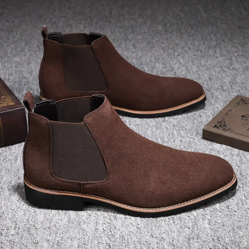 Autumn and Winter Classcis Men Chelsea Boots Black and Brown Suede Casual Slip on Short Boots Vintage Leather Cowboy Ankle Boots