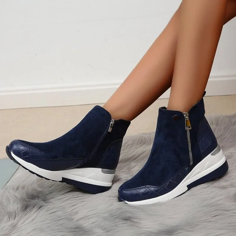

Women Wedge Snow Boots Fashion Autumn Winter Zipper Warm Plush Solid Platforms Korean Casual Short Ankle BootsCotten Shoes