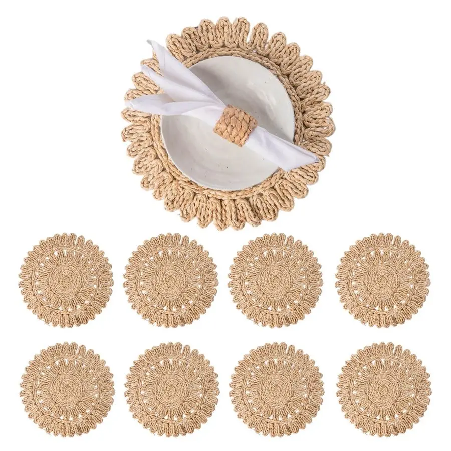 

Set of 8 Round Corn Husk Placemats Boho Woven Rattan Table Mats Farmhouse Wicker Spring Plate Chargers Like Water Hyacinth, Seag