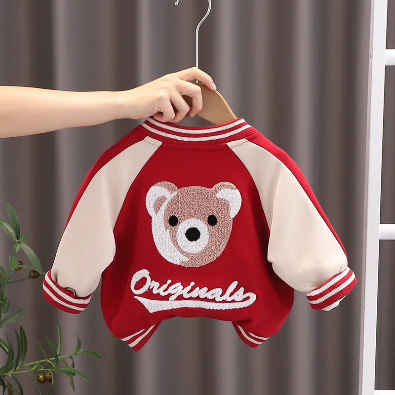 Kids Casual Baseball Coats Autumn Spring Baby Cute Bear Print Jackets Boys Girls Fashion Sport Cotton Outerwear 1-6 Years