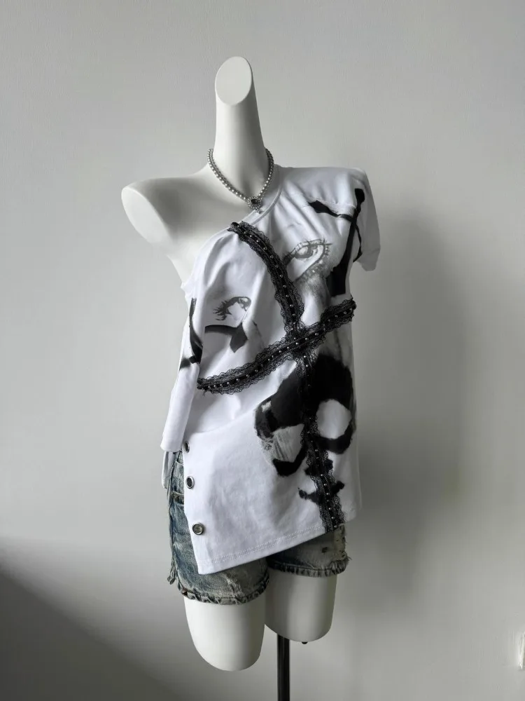 อเมริกันวินเทจแขนสั้นเสื้อยืดฤดูร้อนสาวร้อนส้อมออกแบบ Spliced Chic เสื้อ Y2k ลูกไม้ข้ามโลหะ Buttonhole ชุด 90s