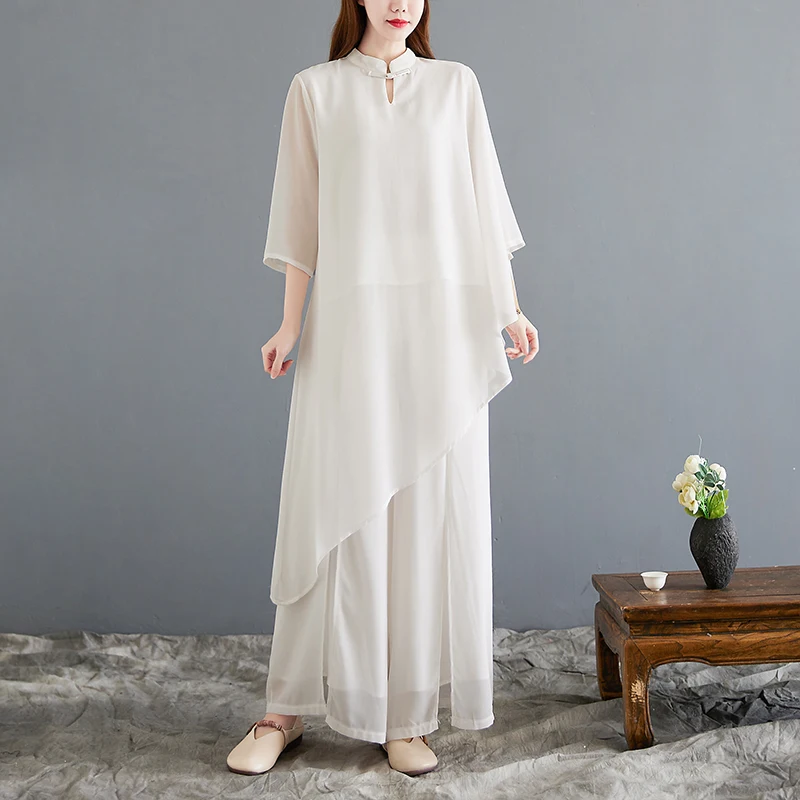 

Ele White Chiffon Set Chinese Sle Summer New Women's Clothing Fairy Aosphere Zen Tea Costume Cotton Material