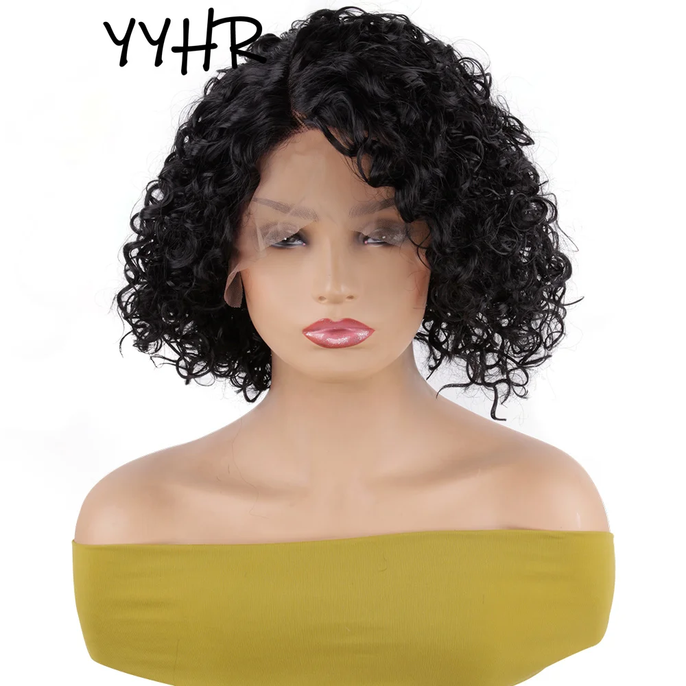 

Synthetic Wig High Quality Natural Deep Curl Women Short Lace Wig for Black Woman Black Curly Side Part 13X1 4X1 T Part Lace Wig